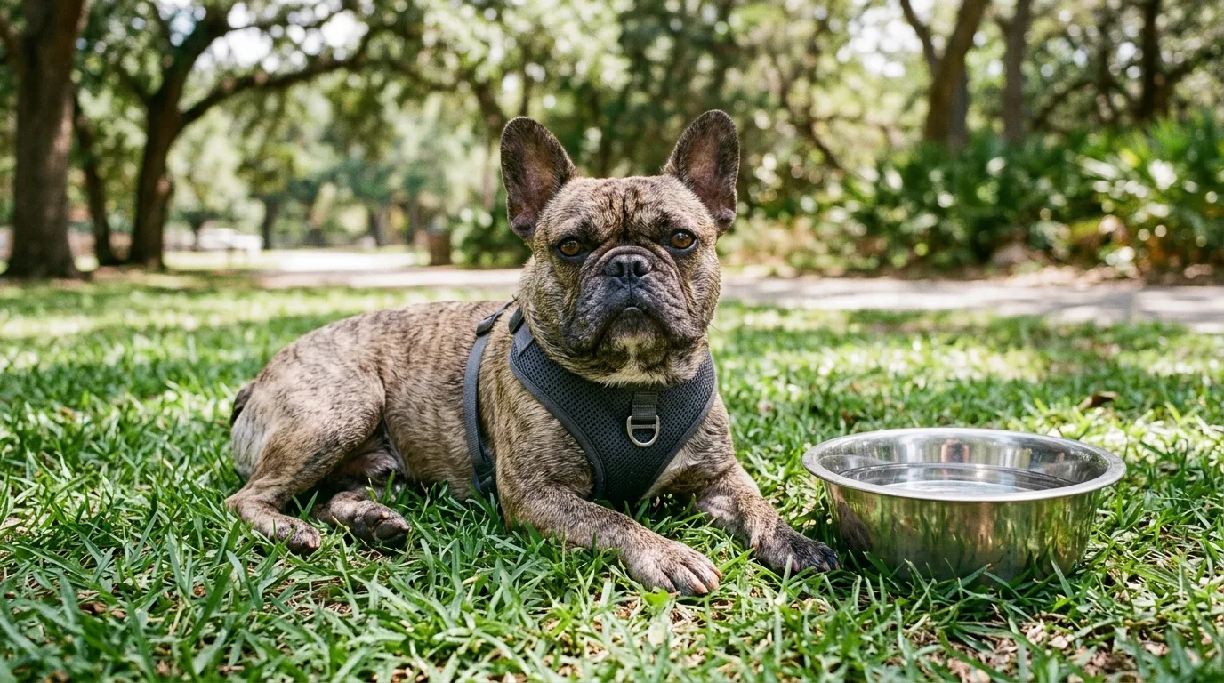 A French Bulldog resting in the shade with a chest harness and water bowl to avoid overheating.