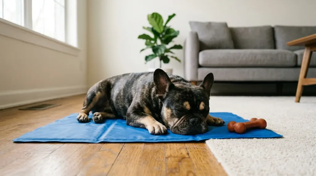 A French Bulldog resting safely indoors on a cooling mat.