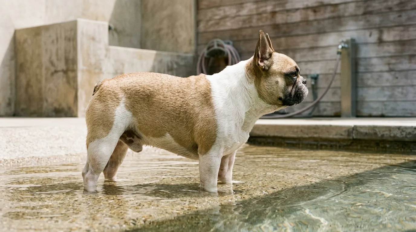 A French Bulldog standing in shallow water, revealing the heavy chest and short legs that make swimming naturally difficult.