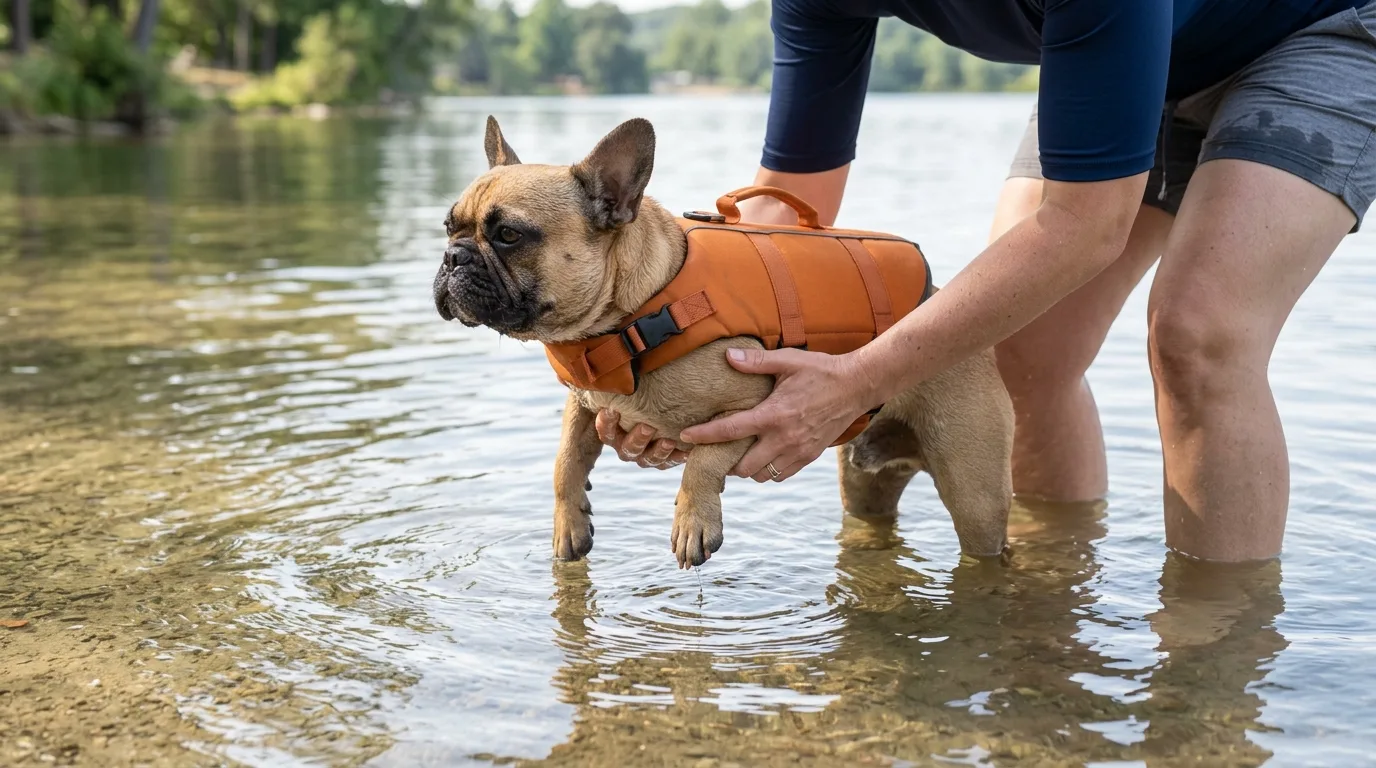 Handler supporting a French Bulldog chest in shallow water during safety training