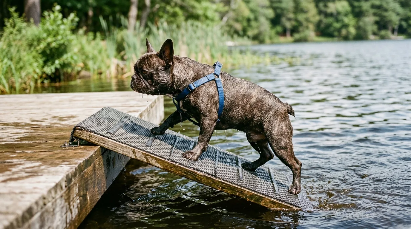A wet French Bulldog successfully exits the water using a specialized dog ramp, demonstrating a crucial safety step before allowing deeper access.