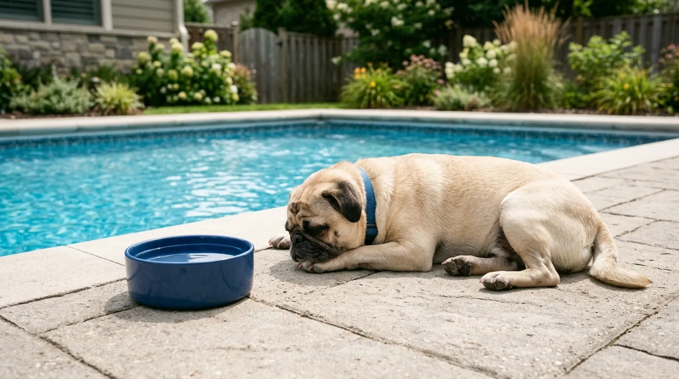 Pug dog taking a break from the water and resting on the pool deck with fresh drinking water.