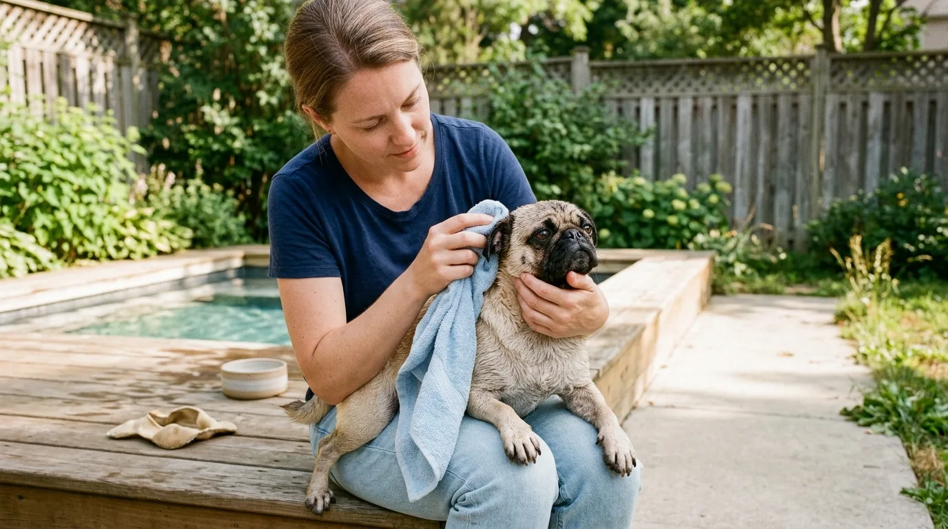 Owner carefully drying a Pug dog's skin folds and ears with a towel after swimming.