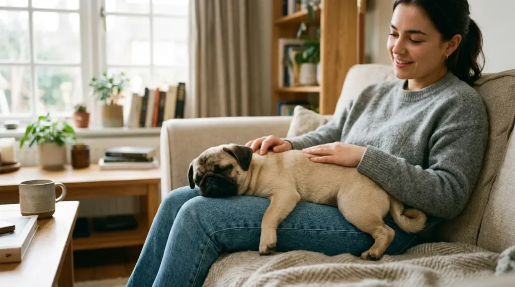 Adult pug providing deep pressure therapy resting on a handler's lap during a calming session