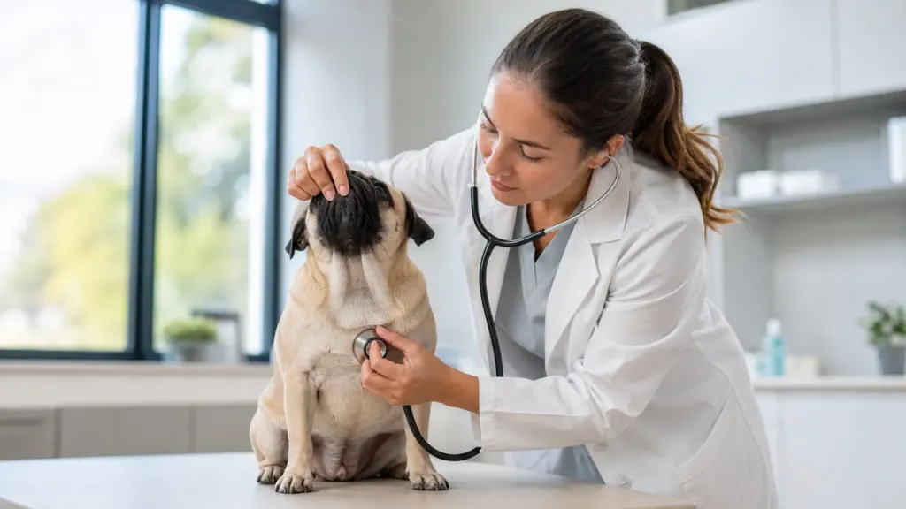 Veterinarian checking a pug's respiratory health during an airway assessment