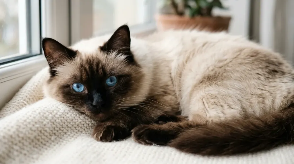 Close-up of a traditional seal point Ragdoll showing dark points contrasted against body fur rather than a solid black coat