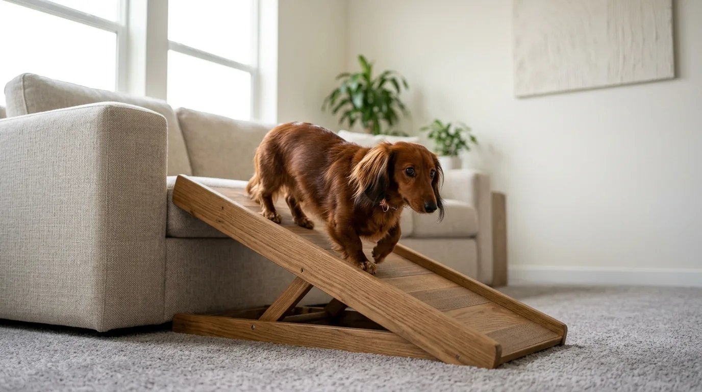 A long-haired standard dachshund walking up a wooden ramp to a sofa to prevent jumping.