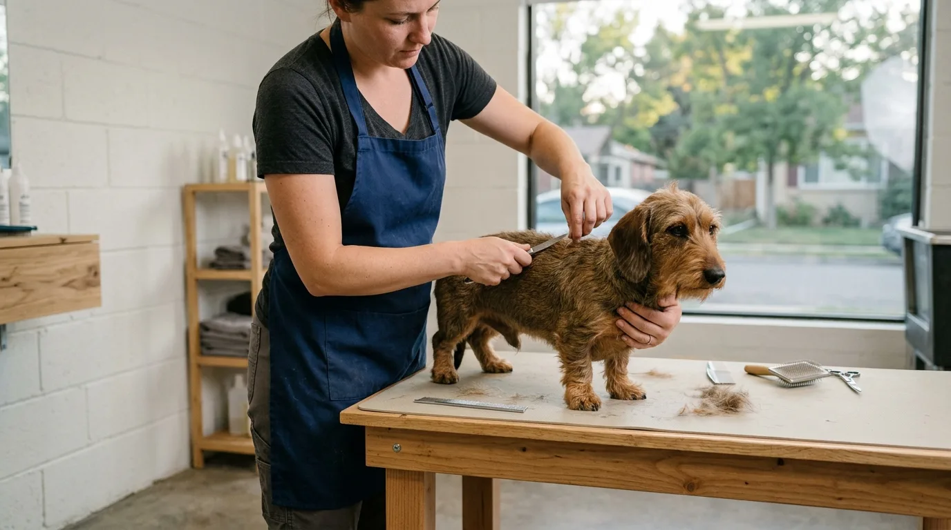 A wire-haired dachshund being groomed and hand-stripped by a professional groomer.