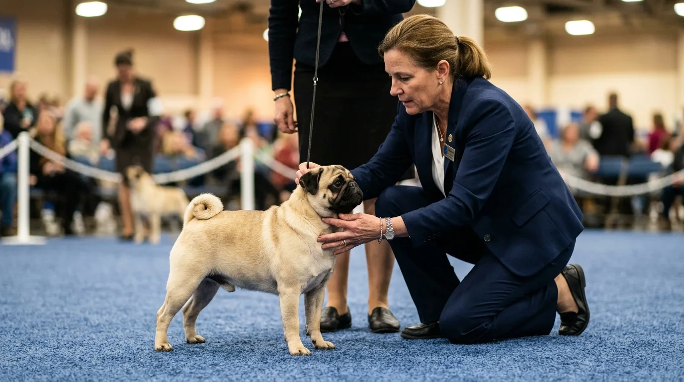 A judge evaluating a Pug during the Toy Group competition at an AKC dog show