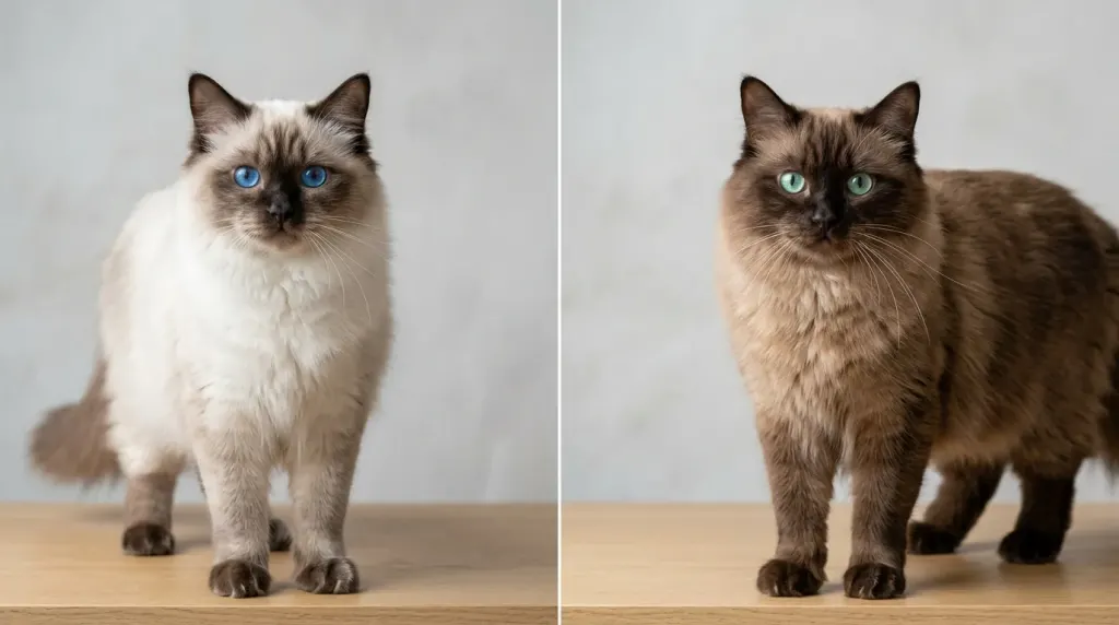 Comparison of a blue-eyed traditional pointed Ragdoll and an aqua-eyed mink Ragdoll cat.