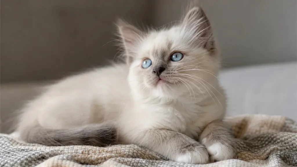 Close-up of a young Ragdoll kitten with developing blue eyes on a soft blanket.