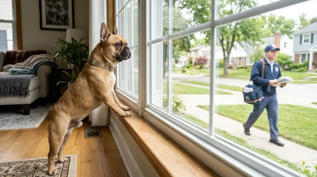 A French Bulldog watching through a window, a common trigger that makes them bark or become vocal.