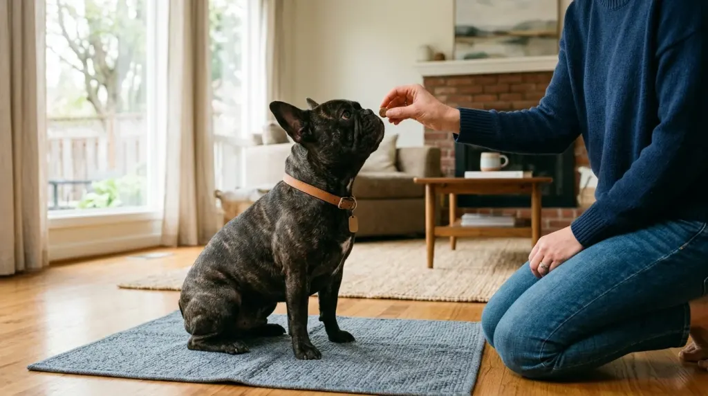 An owner rewarding a French Bulldog for staying quiet on a mat to reduce excessive barking humanely.