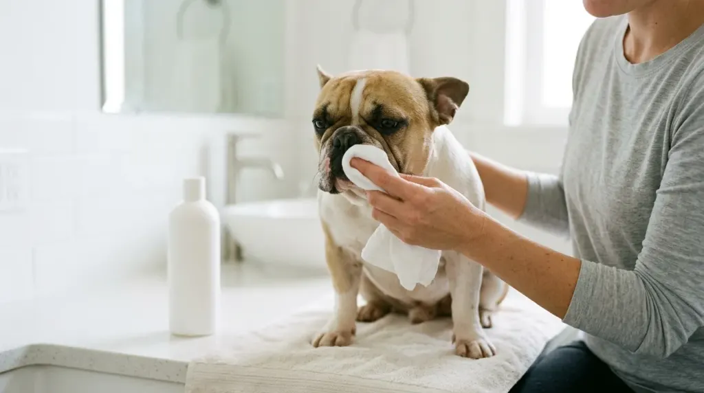 An owner gently cleaning the facial folds of a French Bulldog to manage normal drool and prevent skin irritation.