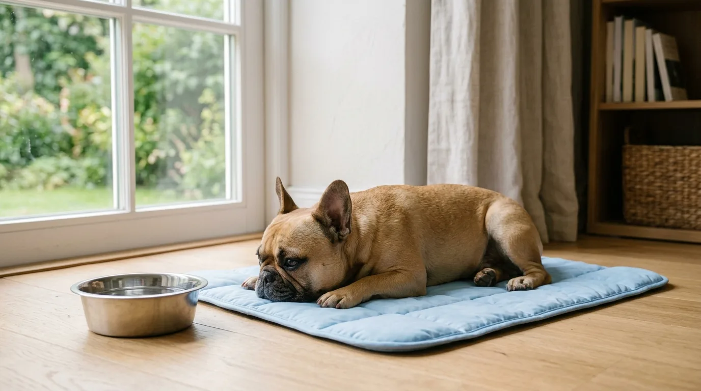 Fawn French Bulldog resting indoors on a cooling pad to prevent breathing distress