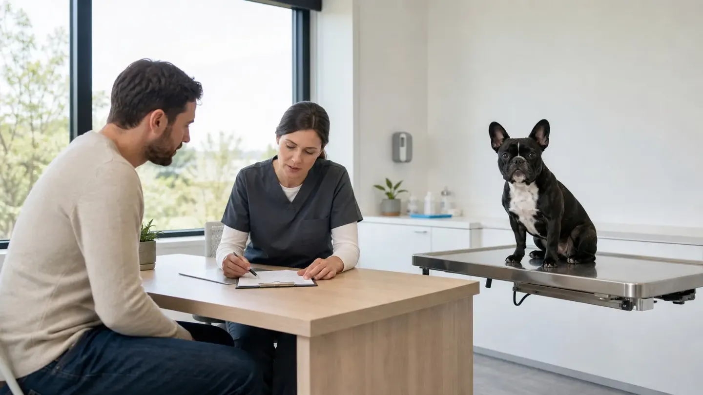 Veterinarian discussing BOAS treatment options and surgery costs with a French Bulldog owner