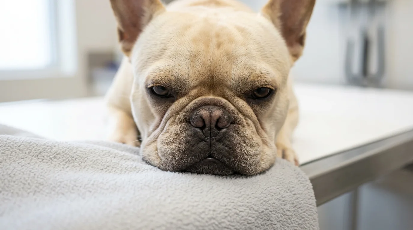 Detailed view of a French Bulldog's facial features and nostrils during a veterinary respiratory health assessment for airway problems.