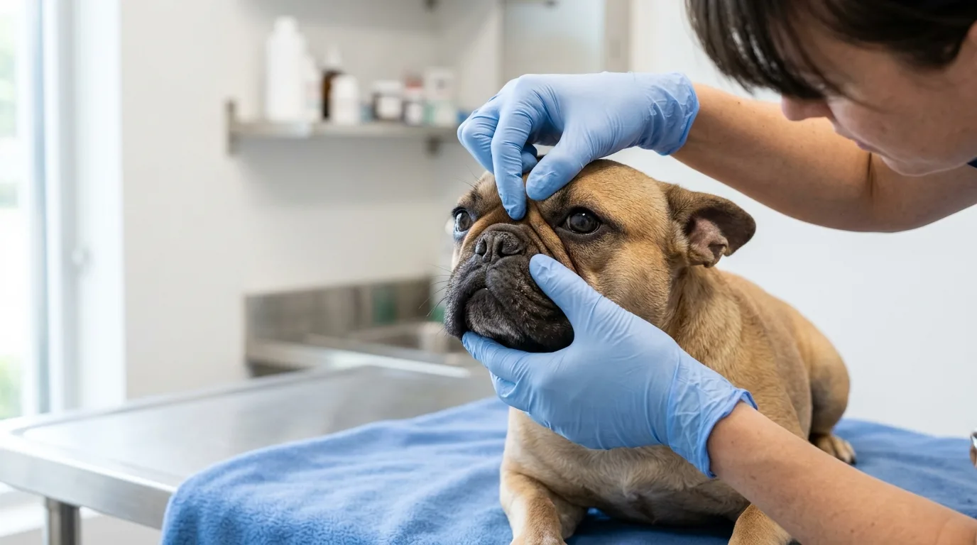 A close-up of a French Bulldog's narrowed nostrils and skin folds during a veterinary exam.