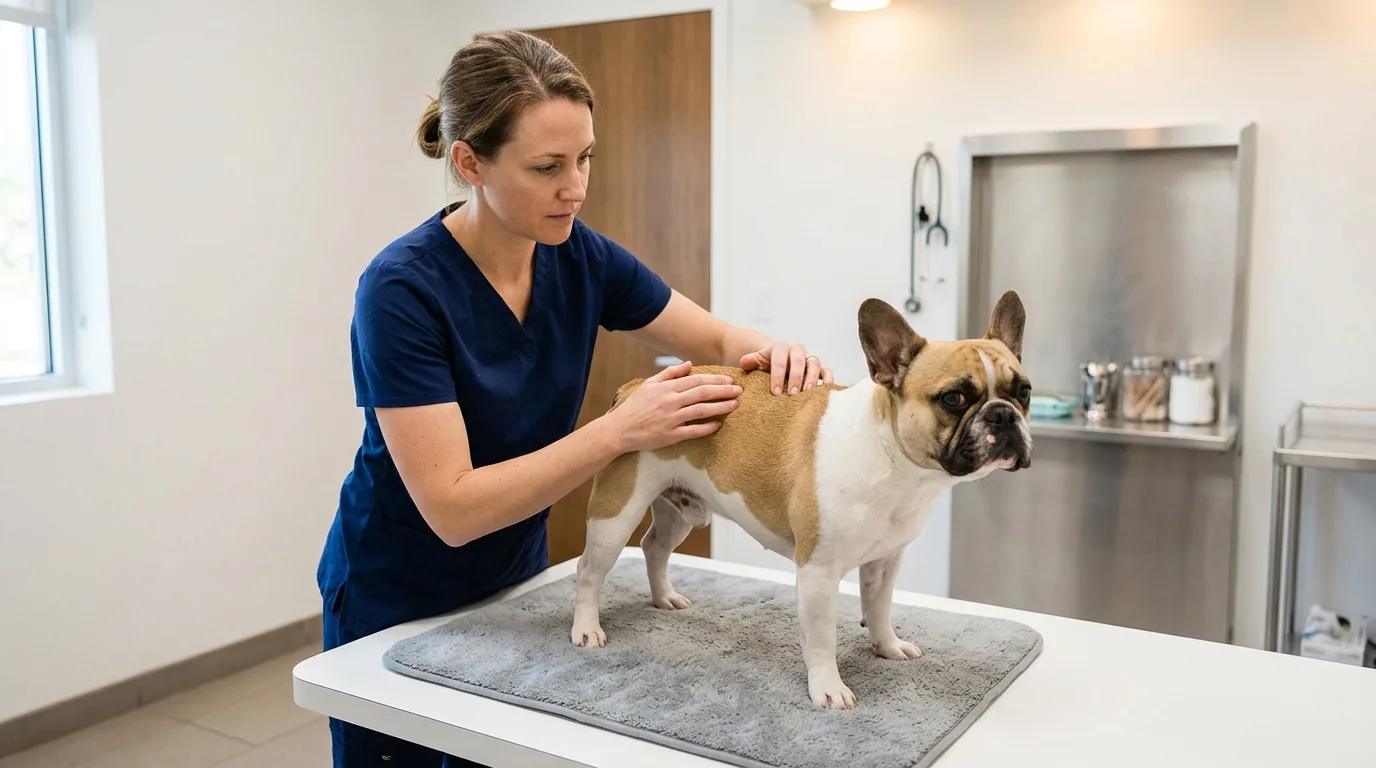 Veterinarian performing a physical spinal examination on a French Bulldog to evaluate spinal health problems and mobility.