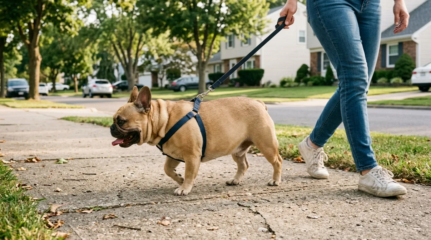 An overweight French Bulldog walking outdoors, illustrating the physical strain of breathing and mobility issues.