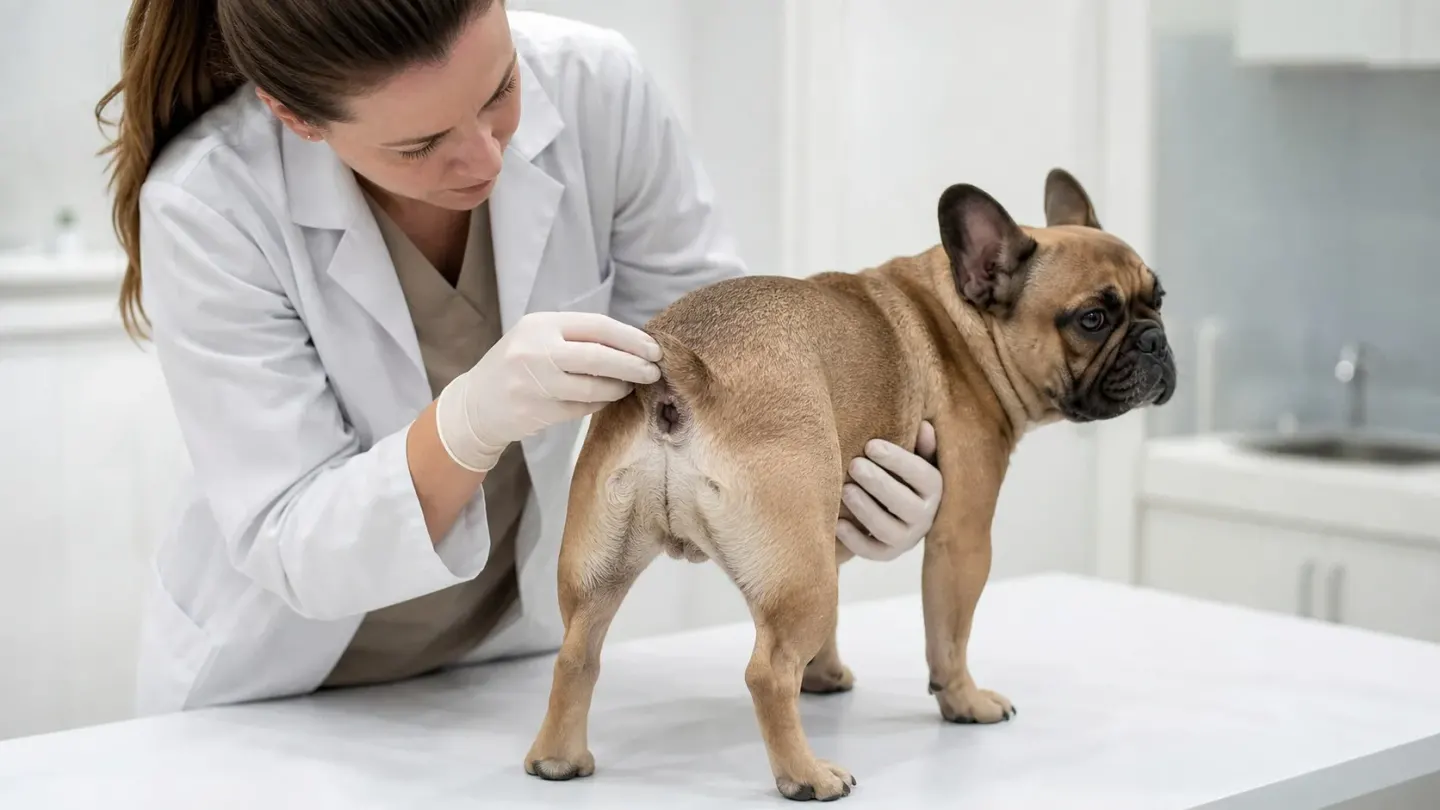 Veterinarian inspecting the tail pocket of a French Bulldog during a routine health exam.