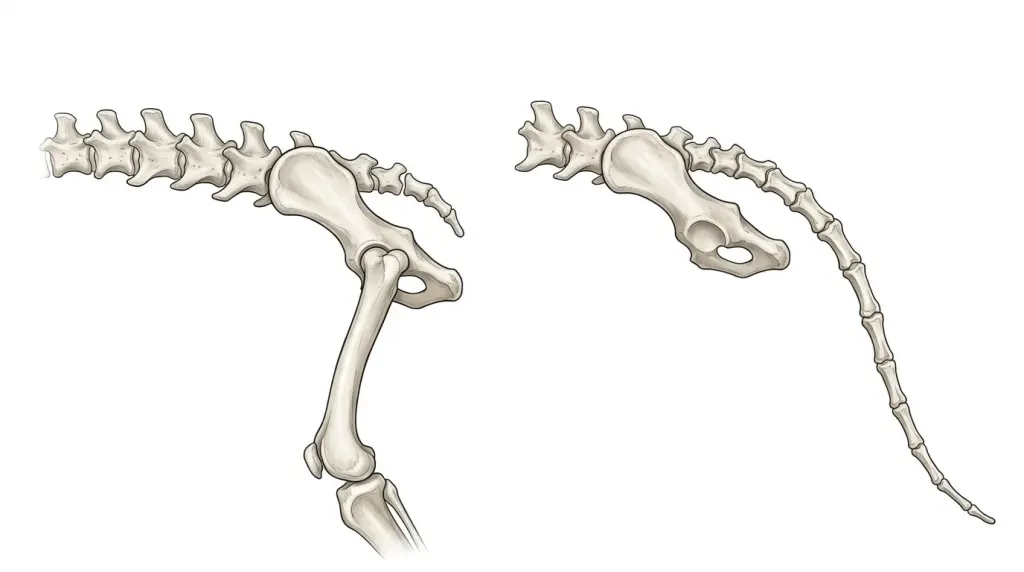 An illustration showing the skeletal structure of a French Bulldog's lower spine with missing coccygeal vertebrae.