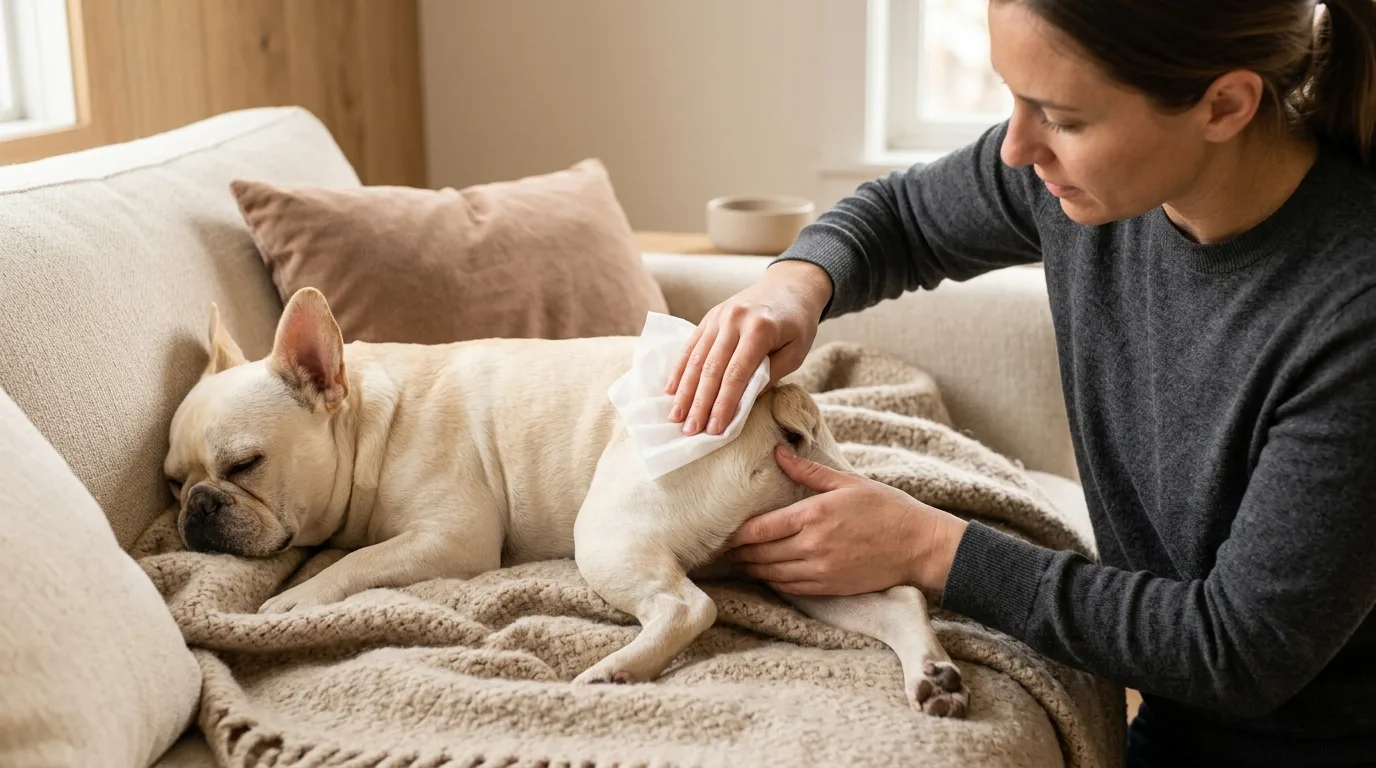Owner gently cleaning a French Bulldog's tail pocket with a soft wipe.