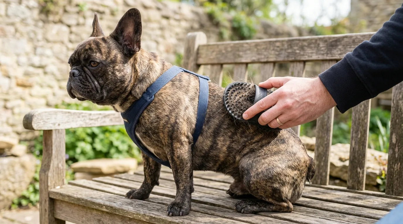 Close-up of a rubber curry brush gently removing loose hair from a French Bulldog's short coat.