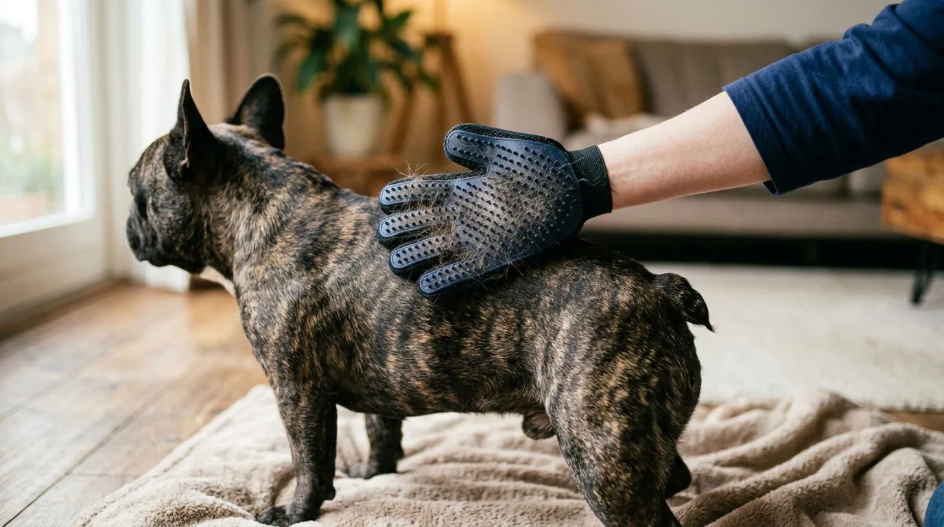 Grooming a French Bulldog with a rubber curry brush as the coat sheds loose fur.