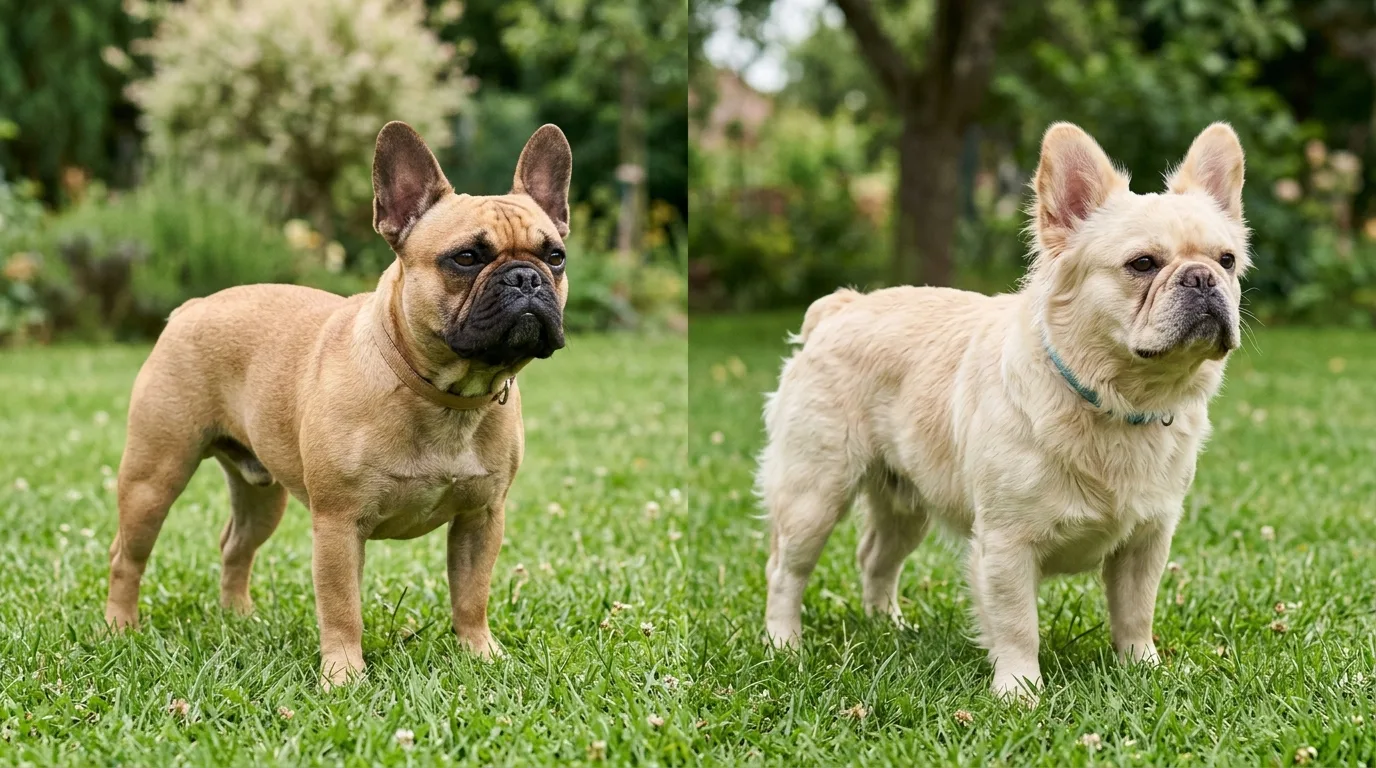 Standard short-coated French Bulldog next to a fluffy French Bulldog as their coat sheds.