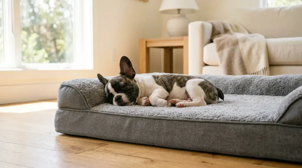 An adult French Bulldog resting its chin on a raised bolster bed to maintain clear breathing during a daytime nap