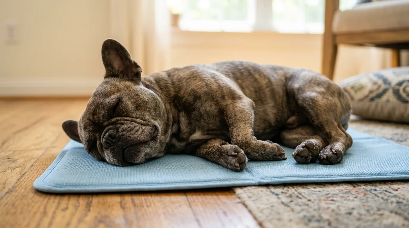 French Bulldog taking a daytime nap on a cooling mat to compensate for nighttime breathing rest