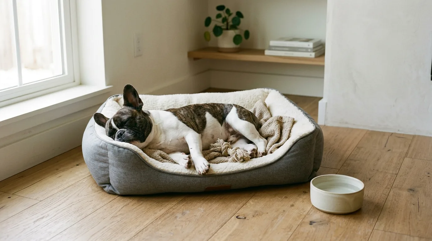 Comfortable orthopedic dog bed setup in a quiet room for a French Bulldog sleep routine