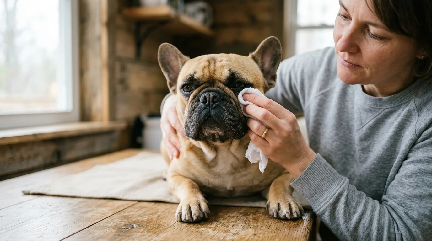 Owner gently wiping the facial skin folds of a French Bulldog with a clean soft cloth