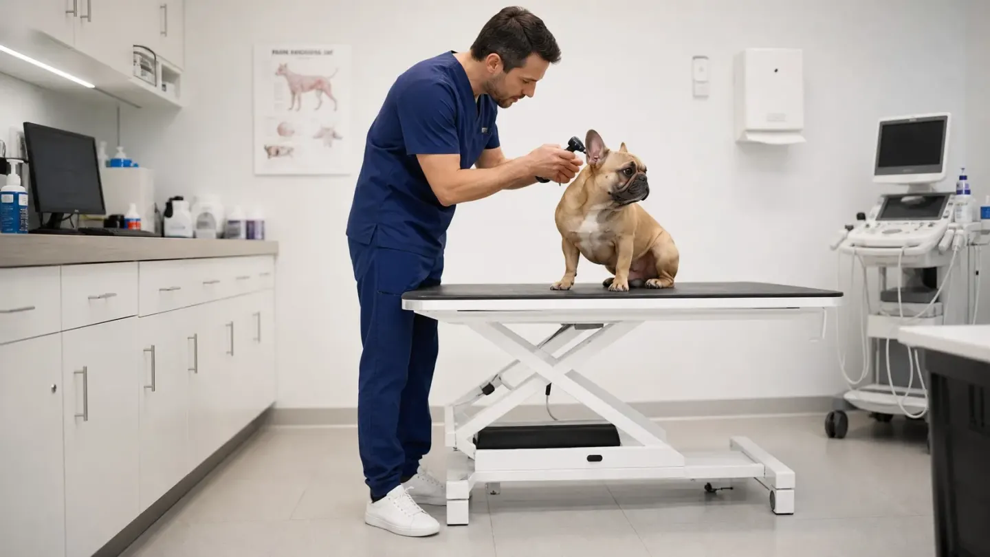 Veterinarian inspecting the ear canal of a French Bulldog during a routine health exam