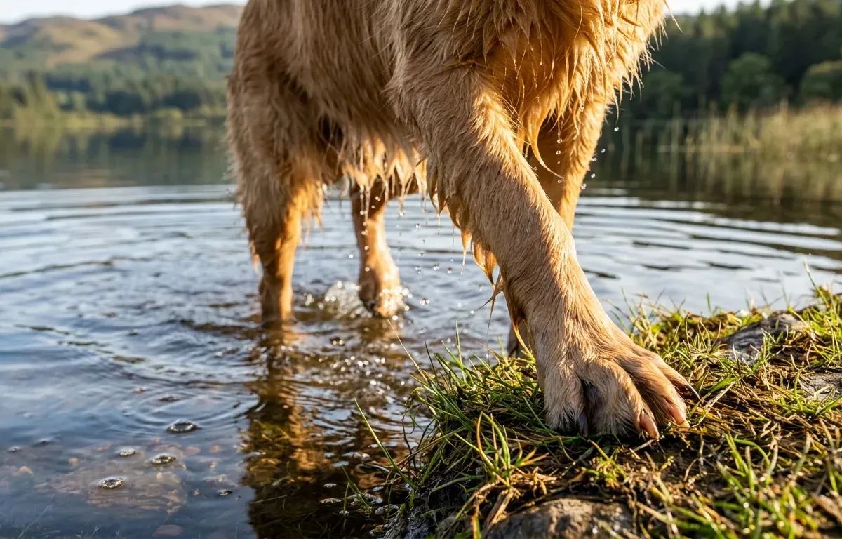 A Golden Retriever showing webbed feet on a grassy riverbank after swimming.