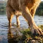 A Golden Retriever showing webbed feet on a grassy riverbank after swimming.