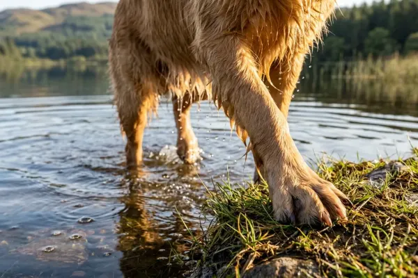 A Golden Retriever showing webbed feet on a grassy riverbank after swimming.