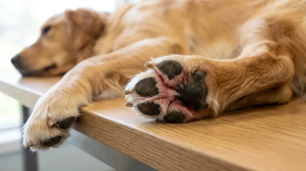 Detailed close-up view of the webbed feet and interdigital webbing on a Golden Retriever front paw.