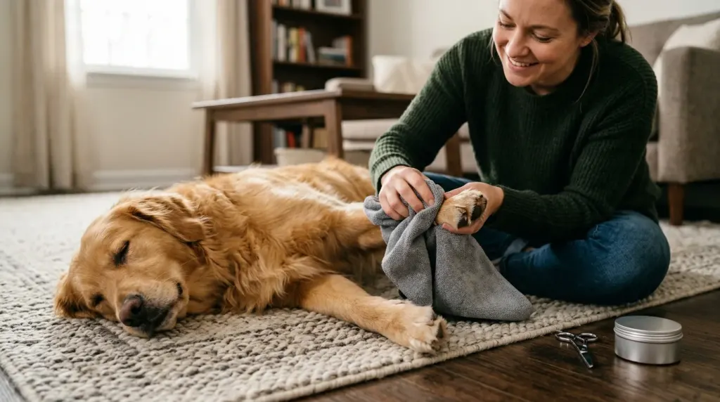 A dog owner drying and cleaning the webbed feet of a Golden Retriever with a microfiber towel.