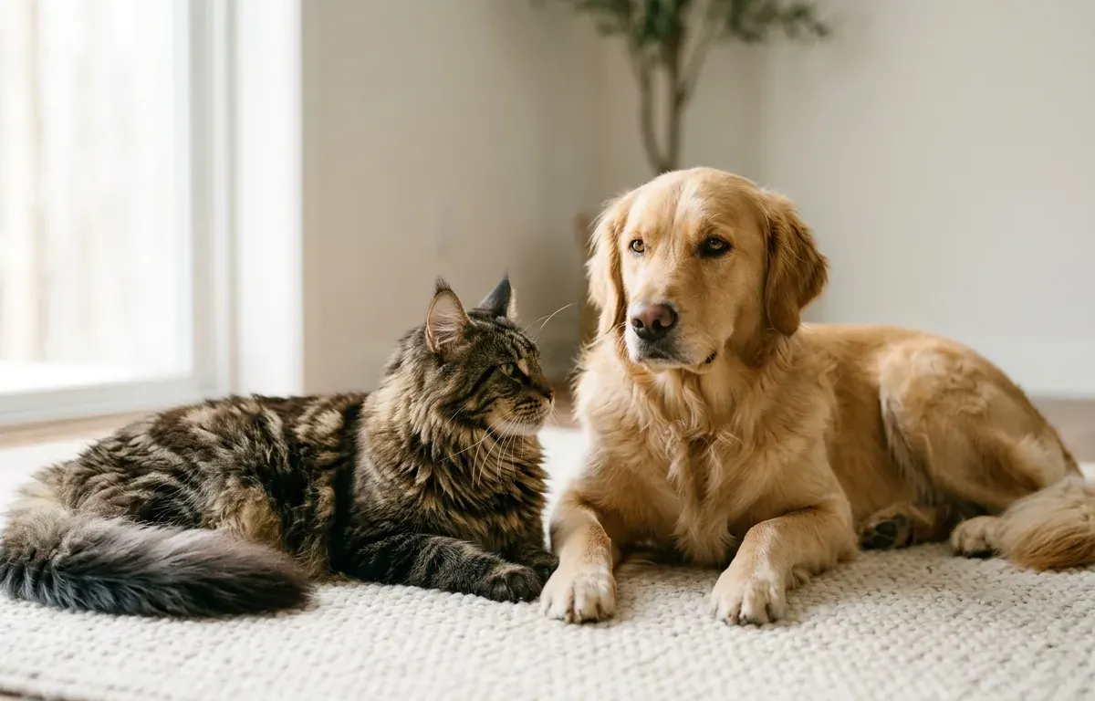 A large fluffy Maine Coon cat resting calmly next to a dog in a sunlit living room.