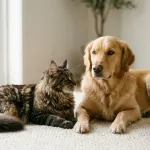 A large fluffy Maine Coon cat resting calmly next to a dog in a sunlit living room.