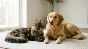 A large fluffy Maine Coon cat resting calmly next to a dog in a sunlit living room.