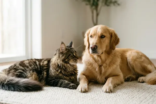 A large fluffy Maine Coon cat resting calmly next to a dog in a sunlit living room.
