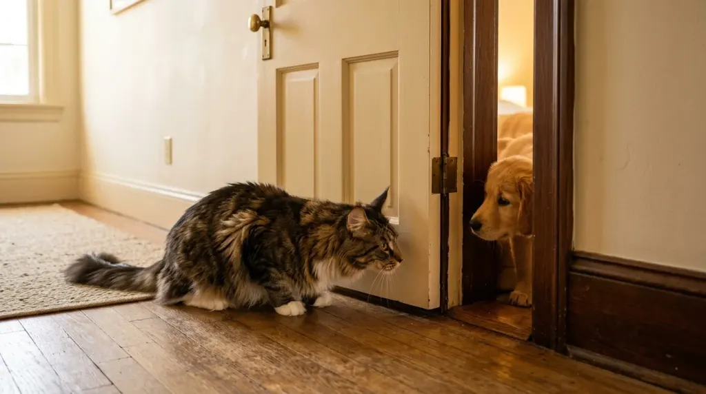 A Maine Coon cat looking calmly through an interior safety gate barrier at a dog during a structured introduction session.