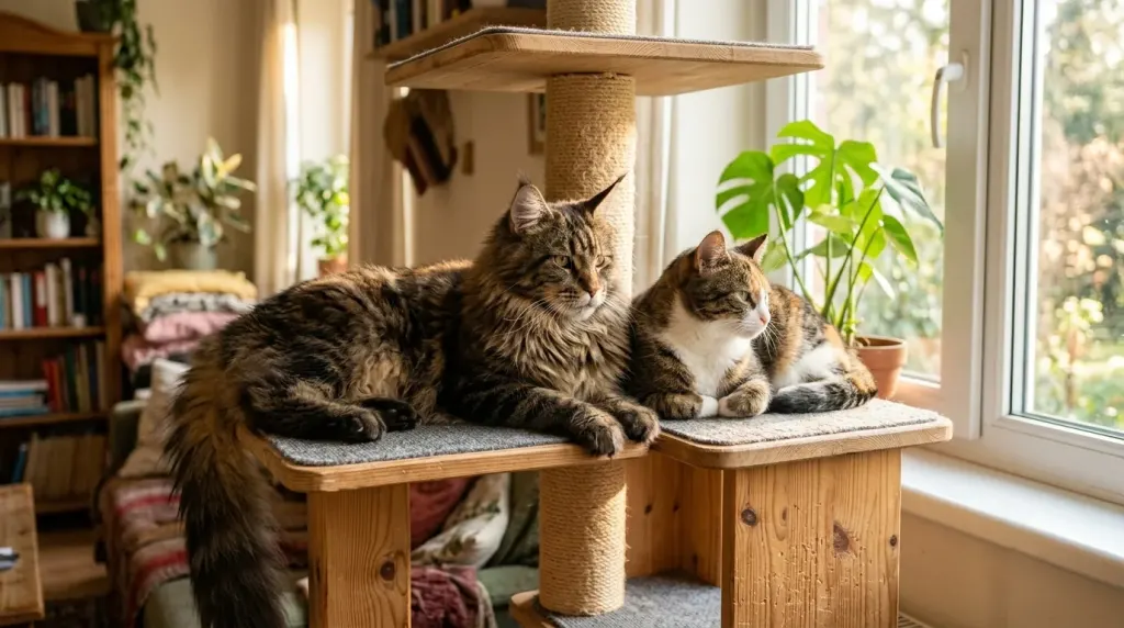 A Maine Coon cat resting on an elevated wall shelf above a resting dog demonstrating shared living space harmony.