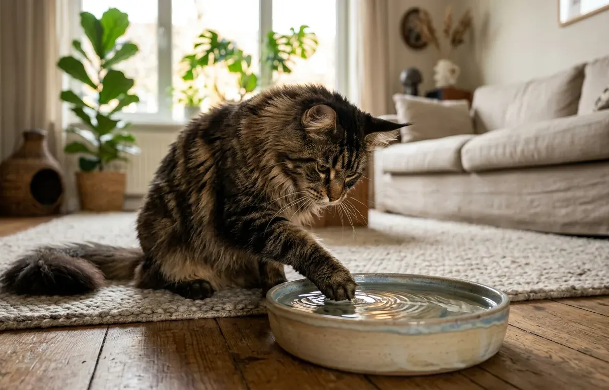 A Maine Coon cat tapping a shallow water basin with its front paw in a regionally lit living room