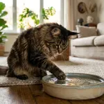 A Maine Coon cat tapping a shallow water basin with its front paw in a regionally lit living room