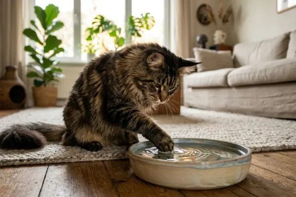 A Maine Coon cat tapping a shallow water basin with its front paw in a regionally lit living room