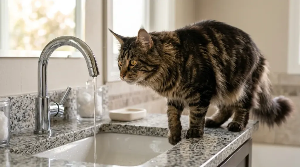 A brown tabby Maine Coon cat inspecting running water from a bathroom sink faucet